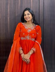 Orange Chinnon Maggam Frock