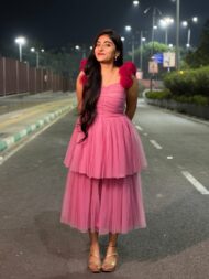 Peach Netted Layered Frock