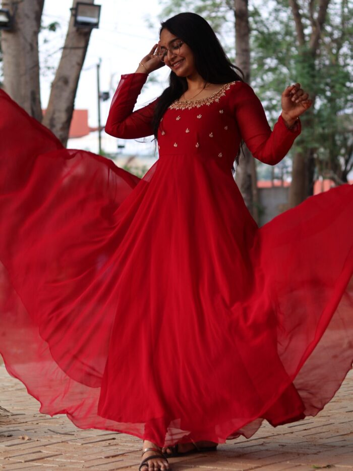 Red Maggam Anarkali (cherry) - Image 3