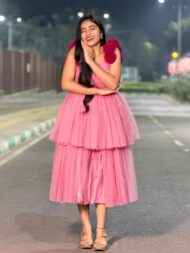 Peach Netted Layered Frock - Image 3