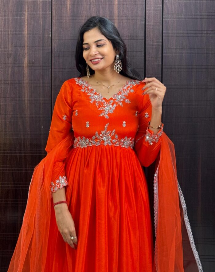 Orange Chinnon Maggam Frock - Image 2